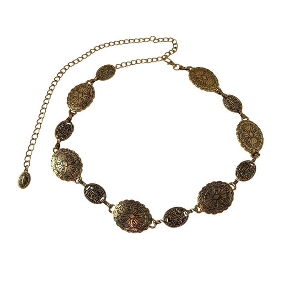 Vintage Oval Carved Concho Western Cowgirl Waist Chain Belt Womens Gold Ethnic - Picture 2 of 11